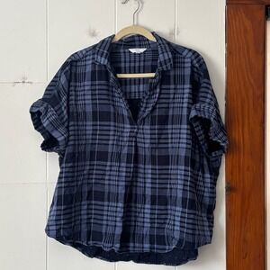 Time and Tru Womens XXL Blue Plaid  V-Neck Camp Shirt